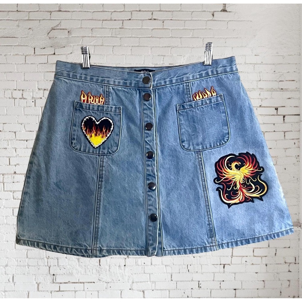 Phoenix Fire Flames Boho Festival Handmade Patch Denim Jean Mini Skirt sz. L